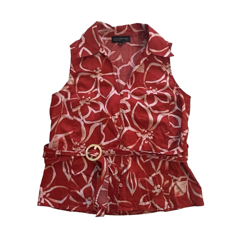 Jones New York Signature Women's Size M Red Floral Hawaiian Sleeveless Top Belt